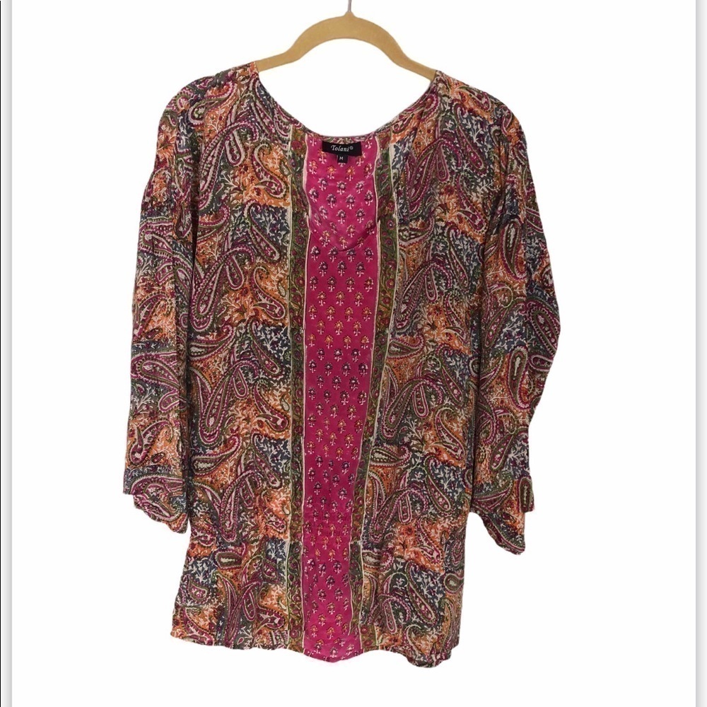 TOLANI Silk Elastic Waist Boho Paisley Blouse M